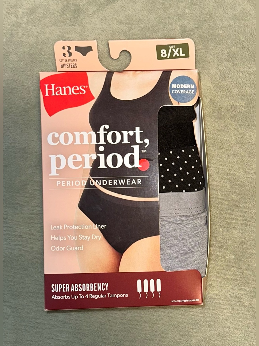 Hanes 8 XL Period Underwear - Modern Coverage Hipsters Super Absorbency